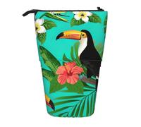 Luckily&Day Tropical Birds and Plant Leaf Print Vertical Retractable Pouch Novelty Standing Bag Pop Up Bag Unique Telescopic Pouch for Office Makeup, Black, One Size, Telescopic