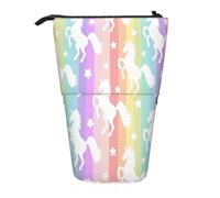 Luckily&Day Unicorns On Colorful Stripes Print Vertical Retractable Pouch Novelty Standing Bag Pop Up Bag Unique Telescopic Pouch for Office Makeup, Black, One Size, Telescopic
