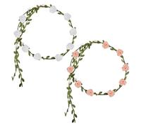 Luckious 2 Pcs Flower Crown Wreath Headband, Rose Garland Handmade Boho Style Headdresses Bridal Headpiece for Wedding, Holiday, Outing, Party (White + Yellow)