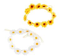 Luckious 2 PCS White and Yellow Daisy Sunflower Flower Headdress Boho Flower Headband Adjustable Sunflower Hair Bands for Bride Women Girls Hippie Wedding Party Beach Festival
