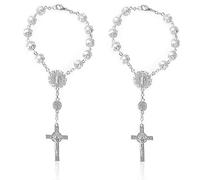 Luckious 2 Pieces Rosary Pearl Cross Car Mirror Charms, Rosary Catholic, Cross Car Mirror Charms Rear View Mirror Pendant Car Interior (Silver)