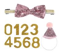 Luckious Reusable Dog and Cat Birthday Hat, Pet Birthday Hat Set, Bow Collar and Hat with Number Stickers, Suitable for Pet Birthday Party Supplies(Pink)
