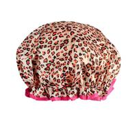 Luckious Reusable Shower Cap Double Layer Waterproof Adult Double Layer Waterproof Shower Cap Kitchen Makeup Head Cover for Hair Washing and Bathing（Leopard print with red trim）