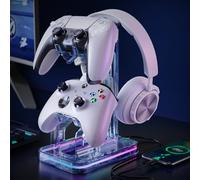 Luckit Gaming Headphones Stand, RGB Headset Stand with 2 USB Charging Ports, Dual Controller Holder with Light Modes, Earphone Hanger Accessories for Desktop Gamer