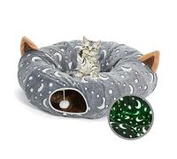 LUCKITTY Cat Tunnel Bed Tube with Cushion and Plush Ball Toy Playground Crinkle Collapsible Self-Luminous Flannel Fabric 3FT for Large Cats Kittens Kitty Small Animals Puppy Grey Moon Star
