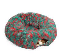 LUCKITTY Christmas Warm Fluffy Plush Cat Dog Tunnel Bed with Washable Cushion- Big Tube Playground Toys 3 FT Diameter Collapsible, for Indoor Cat Kitty Kitten Puppy Rabbit Ferret, Green Red