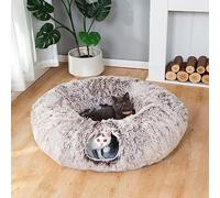 LUCKITTY Warm Plush Cat Dog Tunnel Bed with Washable Cushion-Big Tube Playground Toys 3 FT Diameter Longer Crinkle Collapsible 3 Way, for Indoor Cat Kitty Kitten Puppy Rabbit Ferret Brown