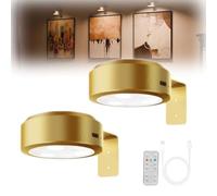 LUCKKY 2PCS Picture Lights for Wall, Magnetic LED Rechargeable Wireless Art Picture Frame Lights with Remote, 3 Lighting Modes, Gold