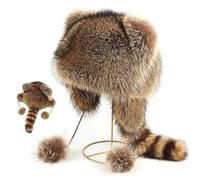 LUCKKY Winter Cute Raccoon Plush Hats, Faux Fur Animal Ear Flap Hat with Tail, Soft Cozy Thick Parent-Child Plush Hat, Windproof Beanie Animal Themed Costume Hat (Adults)