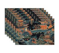 Luckluccy Chinoiserie Charcoal Coral Pagoda Placemats Set of 6 Oriental Chinese Asian Style Japanese Place Mats Abstract Dining Table Place Mats for Kitchen Restaurant Wipeable 12x18 Inch