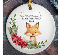 Luckluccy Personalized Baby's First Christmas Ceramic Ornament 2025,Custom Name Watercolor Fox Animals Wood Acrylic Xmas Tree Keepsake,New Babies Shower Newborn 1st Ornaments Hanging Decor