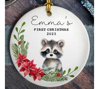 Luckluccy Personalized Baby's First Christmas Ceramic Ornament 2025,Custom Name Watercolor Raccoon Animals Wood Acrylic Xmas Tree Keepsake,New Babies Shower Newborn 1st Ornaments Hanging Decor