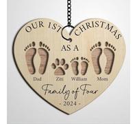 Luckluccy Personalized First Christmas As A Family of Four Footprints,Personalized Baby's First Christmas Ornament,New Baby Gift,Pregnancy Announcement Wooden Ornament