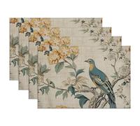 Luckluccy Yellow Grey Chinoiserie Bird Placemats Set of 4 Stain Resistant Traditional Oriental Chinese Style Place Mats Non-Slip Accent Place Mats for Kitchen Dining Room Table 12x18 Inch