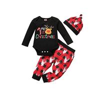 LUCKME Baby Christmas Costumes 3PCS My First Christmas Outfit Elk Romper Tops + Striped Bodysuit Pants + Plaid Hat Xmas Clothes Set for Newborn Toddler Boys Girls 0-24M