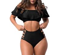 LUCKME Bandeau Bikini Sets for Women UK Plus Size,Sexy Ruffle Bikini Top and Swim Trunks High Waist 2 Piece Swimsuit Plain Beach Bathing Suits Tummy Control Swimwear Swimming Costumes Ladies