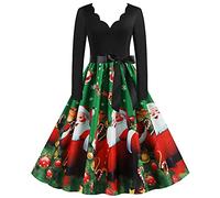 LUCKME Christmas Dress for Women Black Long Sleeve Christmas Costumes Laides Printed 1950s Retro Vintage Xmas Cocktail Party Swing Dress UK Size