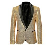 LUCKME Mens Sequin Blazer Shiny Glitter Suit Jacket Casual Smart Notched One Button Regular Fit Floral Suit Blazer Business Work Jackets Gold