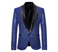 LUCKME Mens Sequin Blazer Shiny Glitter Suit Jacket Casual Smart Notched One Button Regular Fit Floral Suit Blazer Business Work Jackets Blue