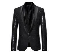 LUCKME Mens Sequin Blazer Shiny Glitter Suit Jacket Casual Smart Notched One Button Regular Fit Floral Suit Blazer Business Work Jackets Black