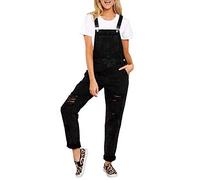 LUCKME Women Dungarees Denim Black Ripped Jeans Ladies Trousers with Pockets Adjustable Strap Jumpsuits Baggy Wide Leg Loose Fit Retro Frayed Holes Cowboy Pants Overalls Playsuit