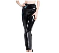 LUCKME Women Faux Leather Trousers Metallic Shiny High Waisted Ladies PU Legging Waterproof Pull On Pants Wet Look Latex Imitation Stretchy Anti Cellulite Jeans Tight Slimming Black