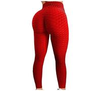 LUCKME Women Honeycomb Leggings Anti Cellulite TikTok Sports Leggings High Waist Tummy Control Gym Leggings Butt Lift Ruched Stretch Yoga Pants Trousers Slim Fit Tights for Running Workout Red