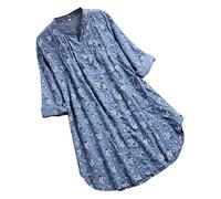 LUCKME Womens Floral Shirt Long Sleeve Casual V Neck Pleated Tunic Tops Ladies Button Through T Shirts Flared Hem Shirts Collarless Plain White T Shirt