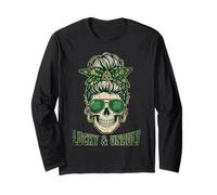 Lucky and Unruly Patricks Day Skull Messy Bun Leopard Long Sleeve T-Shirt