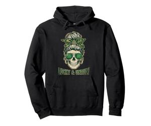 Lucky And Unruly Patricks Day Skull Messy Bun Leopard Pullover Hoodie
