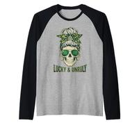 Lucky and Unruly Patricks Day Skull Messy Bun Leopard Raglan Baseball Tee