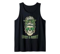 Lucky and Unruly Patricks Day Skull Messy Bun Leopard Tank Top