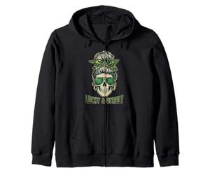 Lucky And Unruly Patricks Day Skull Messy Bun Leopard Zip Hoodie