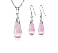 Lucky angel Pure 925 Sterling Silver Jewelry Set Simple White Pink Water Drop Opal Cat Eye Stones Pendant Necklace/Hook Earrings/Chain