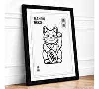 Lucky Beckoning Cat Japandi Framed Wall Art Print A4 (29.7×21cm) Black, Wall Decor for Living Room, Bedroom, Office & Home, Ready to Hang, Art Gift