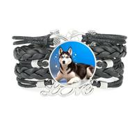 Lucky Big Eyes Malamute Dog Love Adjustable Leather Braided Bracelet Black