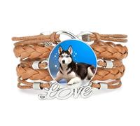 Lucky Big Eyes Malamute Dog Love Adjustable Leather Braided Bracelet Brown