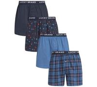Lucky Brand Mens Underwear Boxer Shorts - 4 Pack Super Soft Knit 4'' Inseam Relaxed Fit Cotton Boxers for Men with Button Fly, Indigo/Mood, L