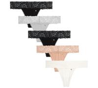 Lucky Brand Women's Underwear - 5 Pack Microfiber Stretch Lace Thong Panties (S-XL), Black/Black/Silver Sconce/Brush/Gardenia, L