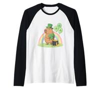 Lucky Capybara Holding Clover Irish Rainbow St Patrick's Day Raglan Baseball Tee