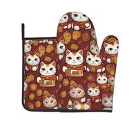 Lucky cat 2-Piece Heat-Resistant Baking Set, Oven Mitt and Trivet, Essential forKitchen Cooking and Outdoor Barbecuing