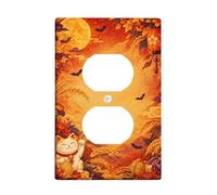 Lucky Cat Autumn Theme Halloween Duplex Outlet Covers Plate | Autumn Harvest Theme, Japanese Folklore Art, Moon Background, Decorative Wall Switch Cover, Seasonal Home Accents