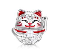 Lucky Cat Charms 925 Sterling Silver “Wish You Luck” Cute Cat Bead Charm with Cubic Zirconia Fit All Bracelet Necklace Gifts for Daughter & Friends Pet Lovers
