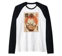 Lucky Cat Eating Ramen - Cute Japanese Kawaii Design Raglan Baseball Tee