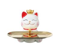 Lucky Cat Figurine - Cat Decoration Statue for Home Decor, Zen Lover Gift, Red Flat Sculpture Tray for Hallway, Unique Cat Decor Figures