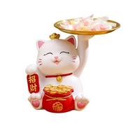Lucky Cat Figurine - Red Cat Statue Home Decor, Zen Sculpture for Hallway Decoration, Cat Lover Gift, Flat Tray Key Holder, Charming Cat Figure