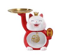 Lucky Cat Figurine Tray - Decorative Cat Statue Sculpture for Home Decor, Zen Hallway Accent, Red Cat Key Holder, for Cat Lovers and Collectors