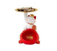 Lucky Cat Figurine - Zen Home Decor Sculpture for Cat Lovers, Decorative Red Tray Statue, Perfect for Hallway and Living Room Decoration, Unique Gift Idea