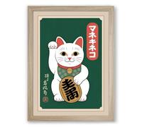 Lucky Cat Japandi Framed Wall Art Print A3 (42×29.7cm) Oak, Wall Decor for Living Room, Bedroom, Office & Home, Ready to Hang, Art Gift