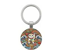 Lucky Cat Keychain, Japanese Maneki Neko Design, Round Metal Keyring